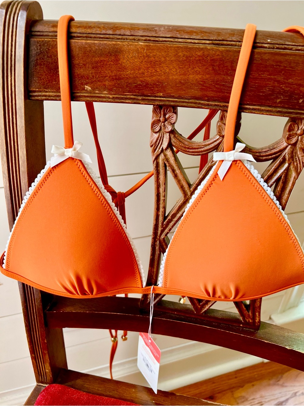 Lou Swim Orange Triangle Bikini Top with White Trim and Bow Accents - Picture 2 of 7
